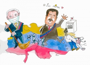 « Une vision imagée du président Nicolas MADURO qui accueille ses enfants de retour à la patrie. En pleine quarantaine, de jeunes vénézuéliens font la queue dans une rue de Bogota en Colombie pour recevoir quelques provisions alimentaires… »